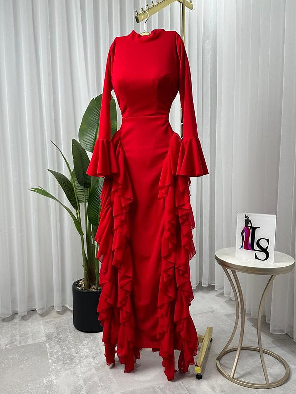 Elegant Stretch Crepe Ruffle Maxi Dress