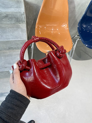 Luxury Knotted Handle Round PU Leather Handbag