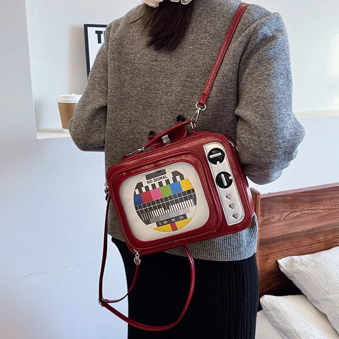 Novelty Retro TV Shape See-Window Shoulder Backpack Bag