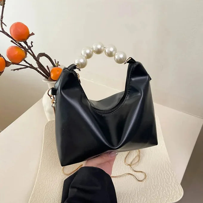 Chain Pearl Beaded Strap Leather Shoulder Bag