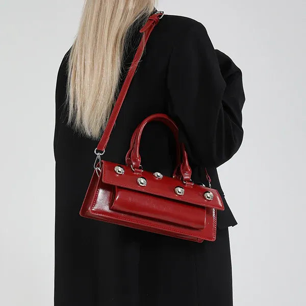 Studded Square Rivet Top Handle Satchel Crossbody Bag
