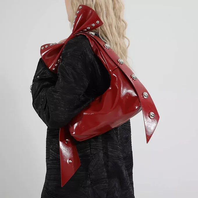 Punk Large Bow Studded Faux Leather Shoulder Bag