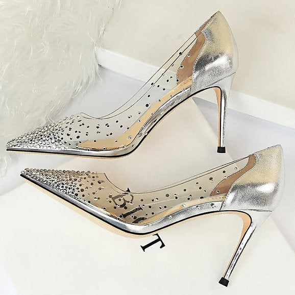 Sparkle Crystal PVC Pointy Toe Stiletto Pumps