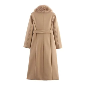 Elegant V-Neck Fur Lapel Belted Maxi Jacket