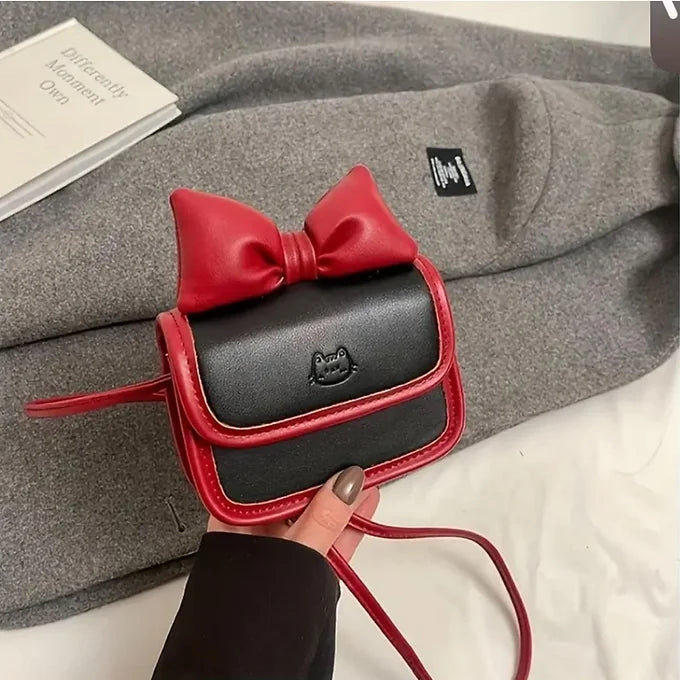 Bow-Tie Cat Emblem Leather Crossbody Bag