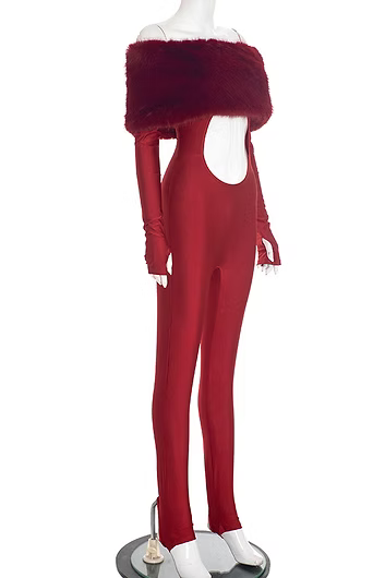 Luxury Furry Off-Shoulder Midriff Sexy Jumpsuit