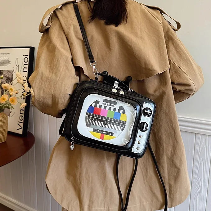 Novelty Retro TV Shape See-Window Shoulder Backpack Bag