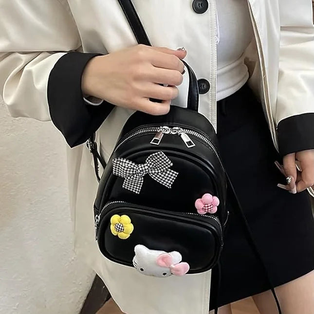 Cute 3D Floral Bow Charm PU Leather Mini Backpack