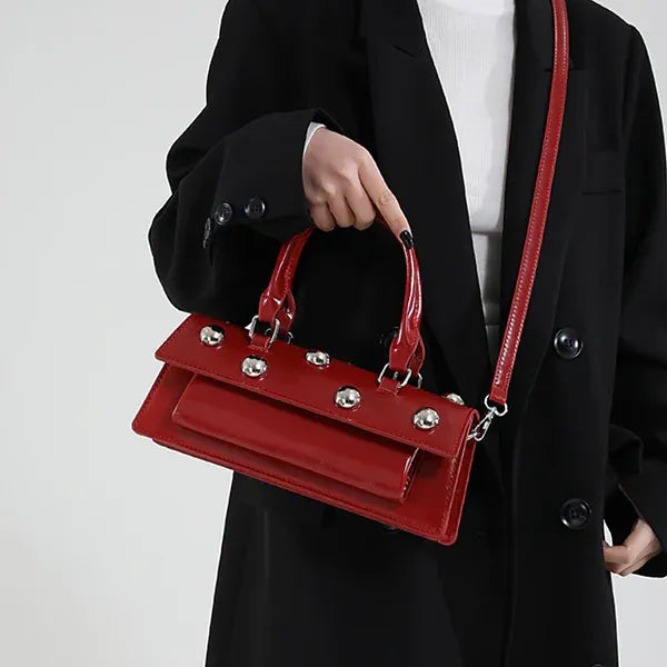 Studded Square Rivet Top Handle Satchel Crossbody Bag