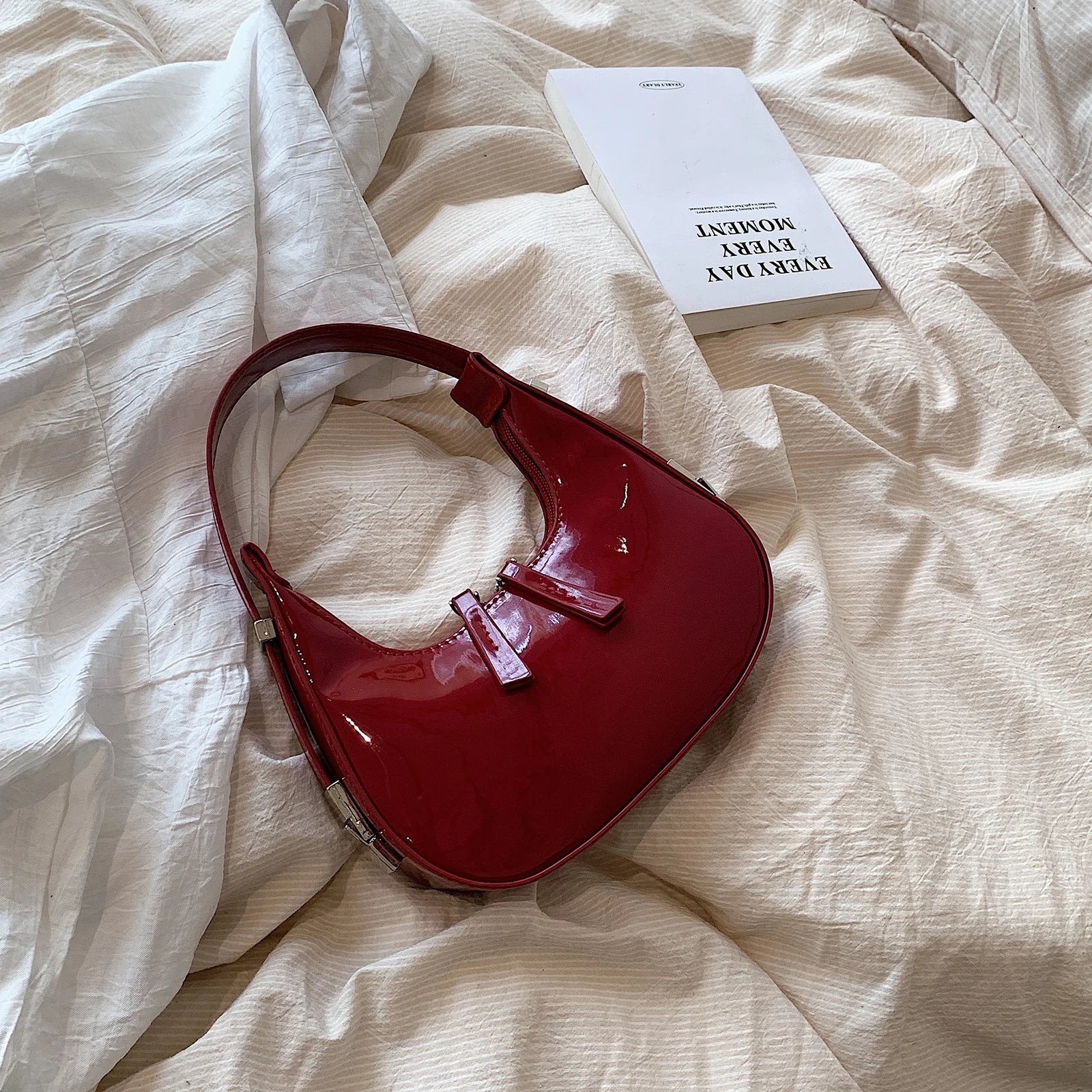 Crescent Zipper PU Leather Shoulder Bag