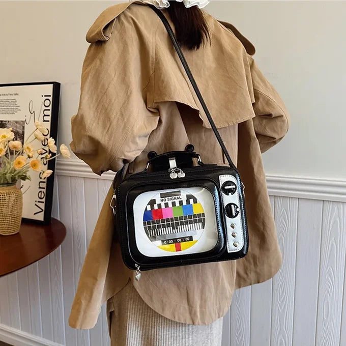 Novelty Retro TV Shape See-Window Shoulder Backpack Bag