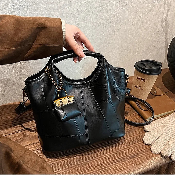 Grunge Charm Detail Double Handle PU Leather Crossbody Bag