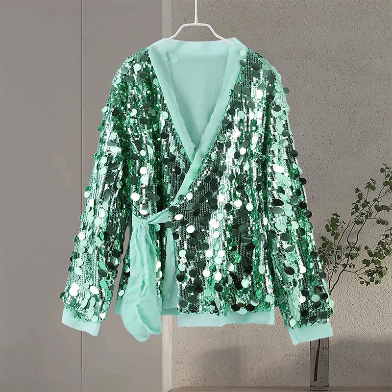 Glitter Sequin Loose Lace-Up Jacket