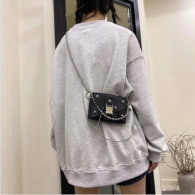 Punk Rivet Stud Multi-Layer Chain Faux Leather Shoulder Crossbody Bag