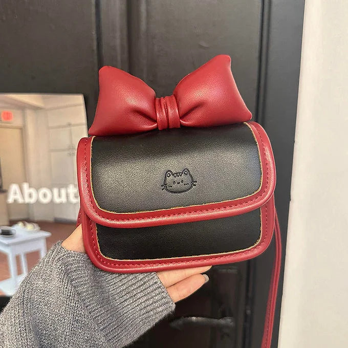 Bow-Tie Cat Emblem Leather Crossbody Bag
