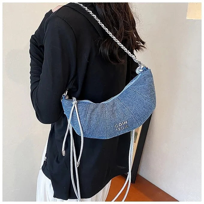 Chic Crescent Shape Multi-Pocket Denim Adjustable Strap Shoulder Crossbody Bag
