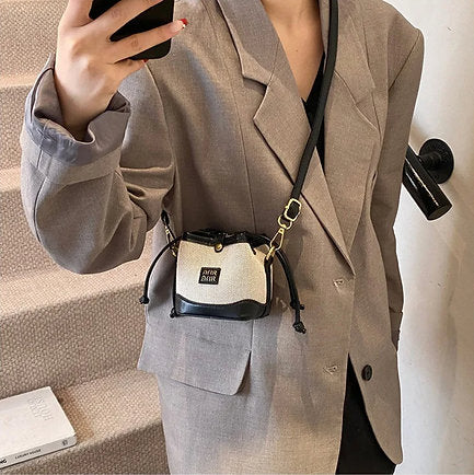 Vintage Denim Leather Trim Drawstring Mini Bucket Bag