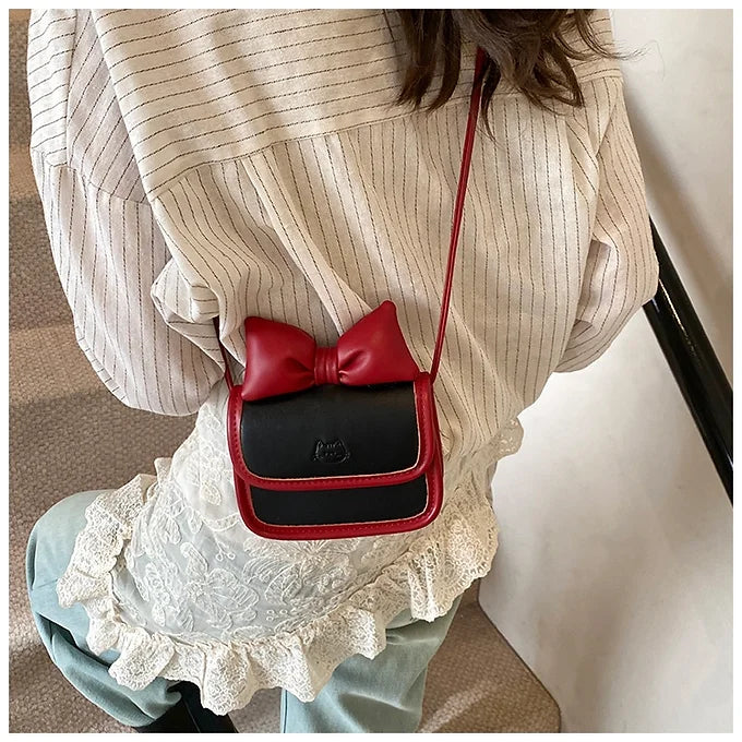 Bow-Tie Cat Emblem Leather Crossbody Bag