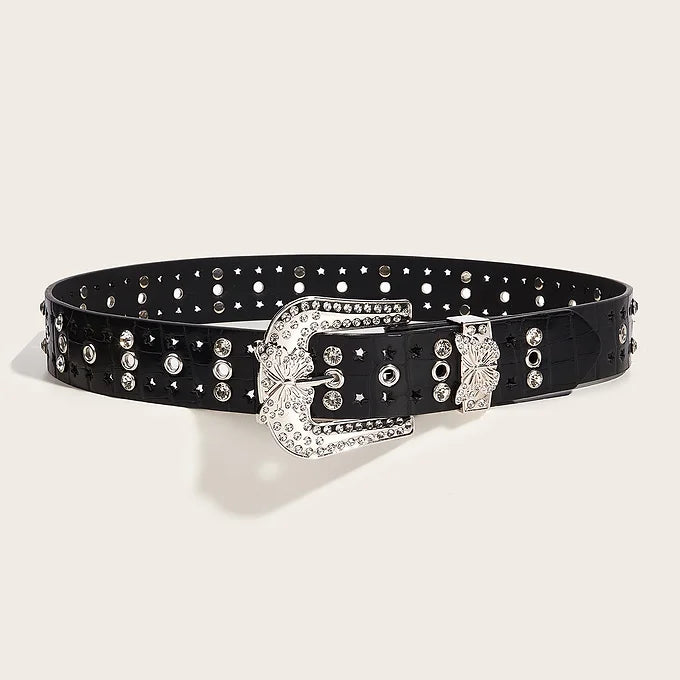 Western Butterfly Buckle Chain Rhinestone PU Leather Waist Belt