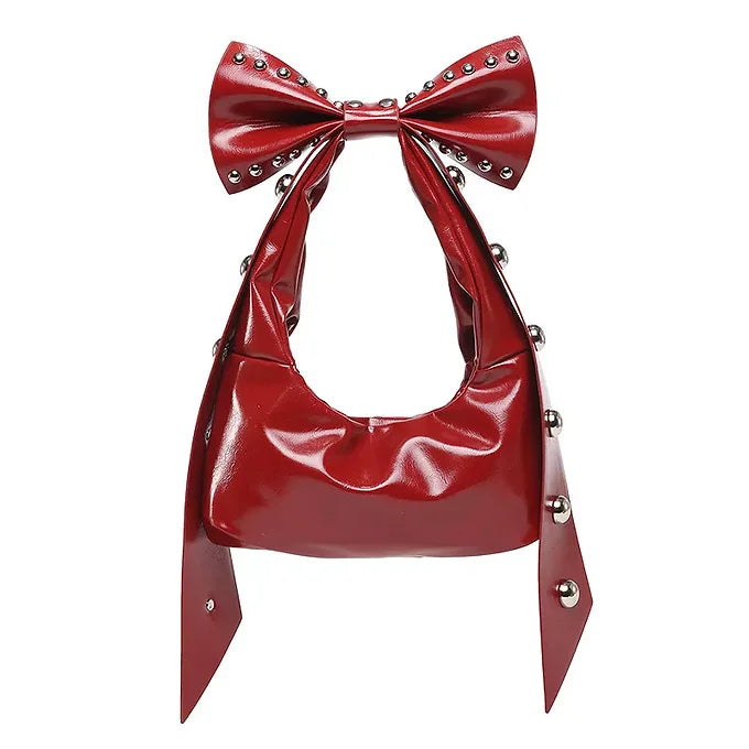 Punk Large Bow Studded Faux Leather Shoulder Bag