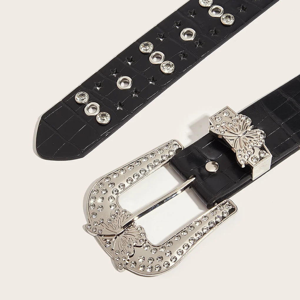 Western Butterfly Buckle Chain Rhinestone PU Leather Waist Belt
