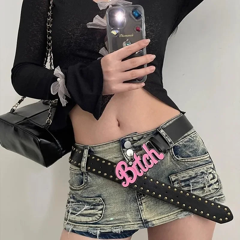 Large Studded Buckle Grommet Y2K Wide PU Belt