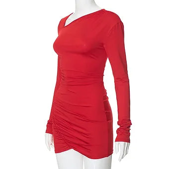 Asymmetric Ruched Neckline Bodycon Mini Dress