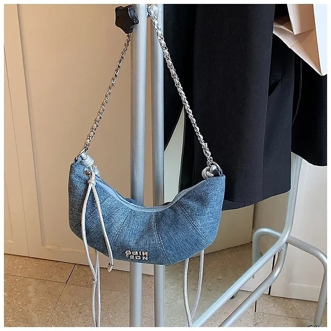 Chic Crescent Shape Multi-Pocket Denim Adjustable Strap Shoulder Crossbody Bag