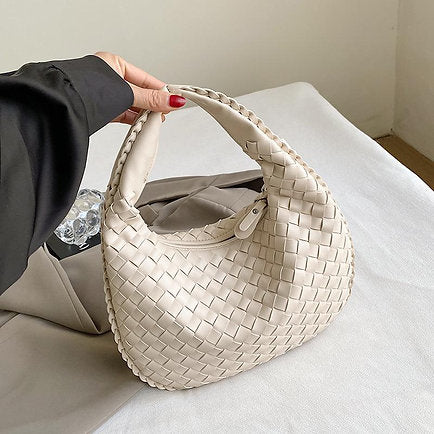 Woven Zipper Top Handle French Style PU Leather Tote Bag