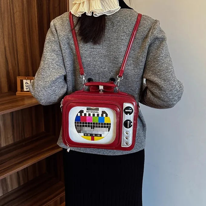 Novelty Retro TV Shape See-Window Shoulder Backpack Bag