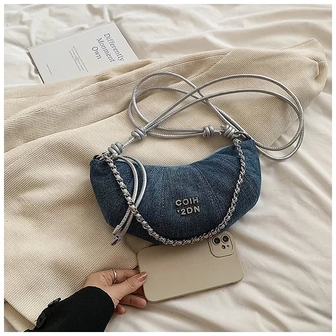 Chic Crescent Shape Multi-Pocket Denim Adjustable Strap Shoulder Crossbody Bag