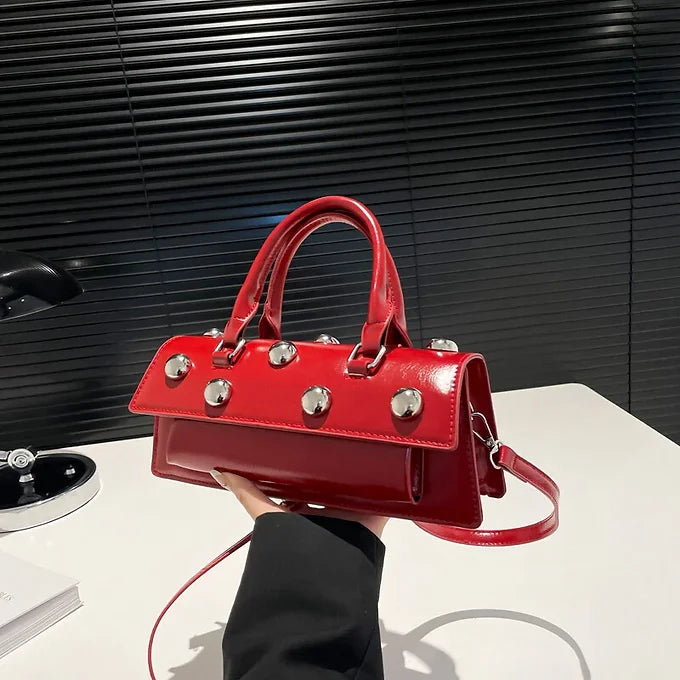 Studded Square Rivet Top Handle Satchel Crossbody Bag