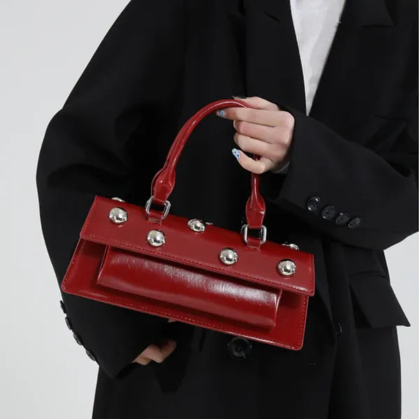 Studded Square Rivet Top Handle Satchel Crossbody Bag