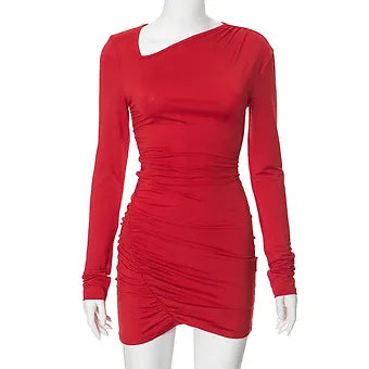 Asymmetric Ruched Neckline Bodycon Mini Dress