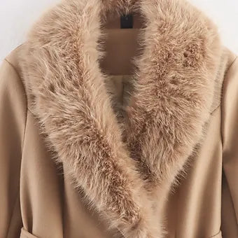 Elegant V-Neck Fur Lapel Belted Maxi Jacket