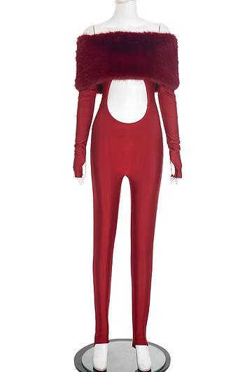 Luxury Furry Off-Shoulder Midriff Sexy Jumpsuit
