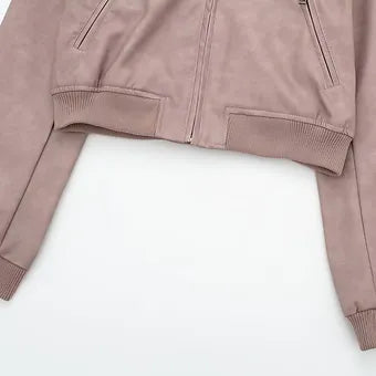 Faux Leather Stand Collar Bomber Jacket