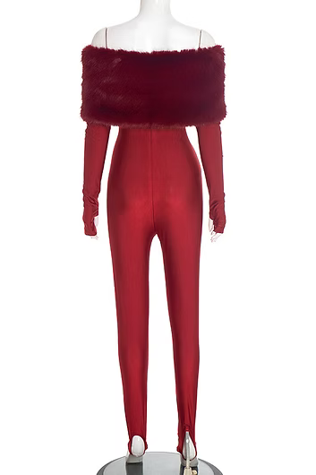 Luxury Furry Off-Shoulder Midriff Sexy Jumpsuit