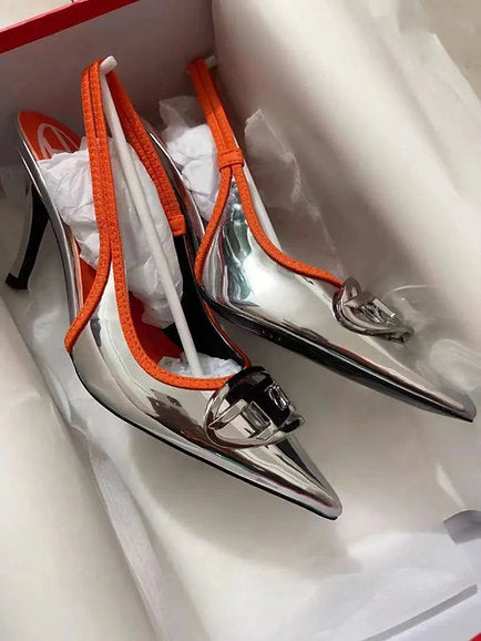 Metallic Pointed Toe Double Slingback Stiletto Pumps