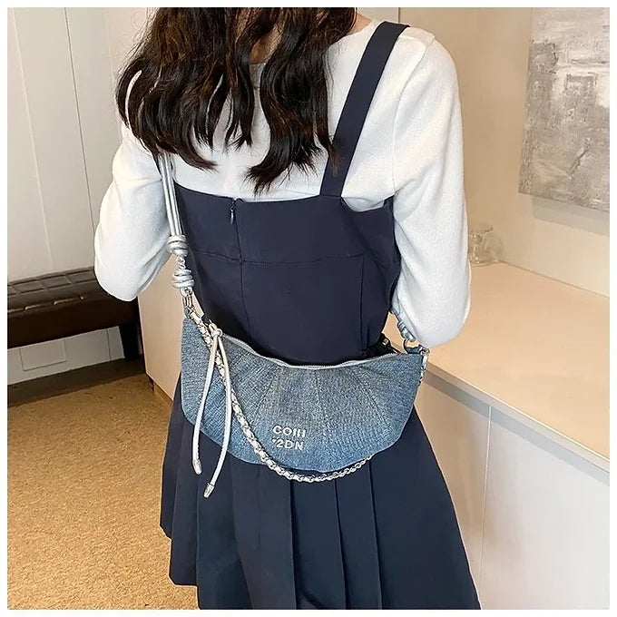 Chic Crescent Shape Multi-Pocket Denim Adjustable Strap Shoulder Crossbody Bag