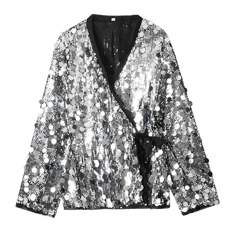 Glitter Sequin Loose Lace-Up Jacket
