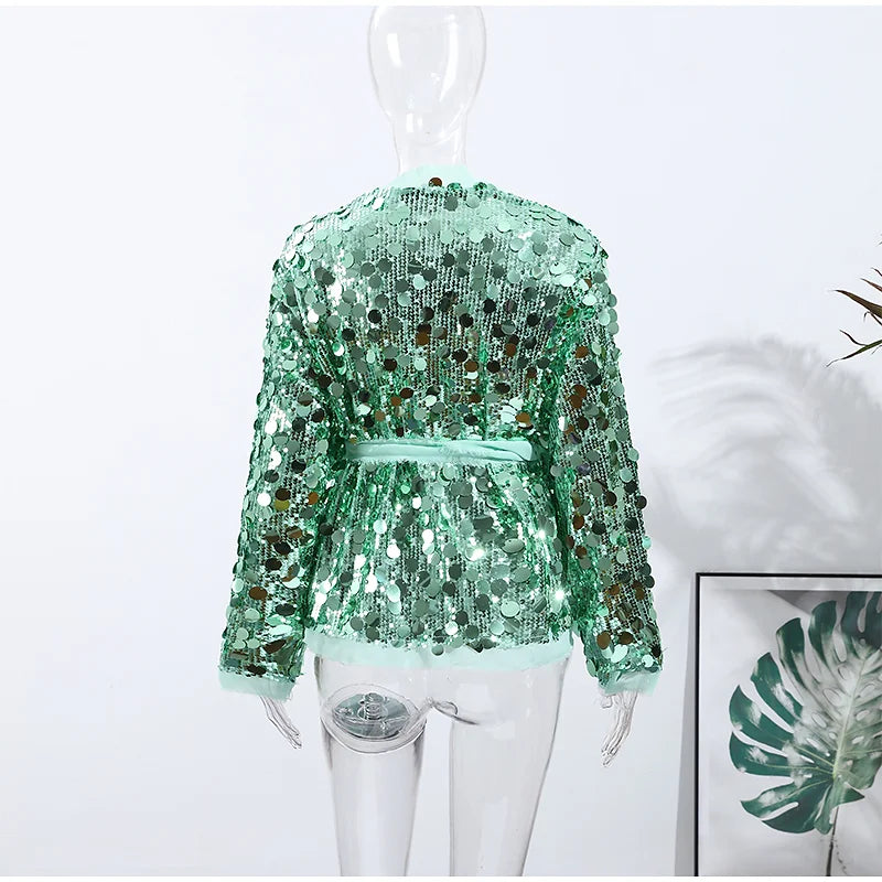 Glitter Sequin Loose Lace-Up Jacket