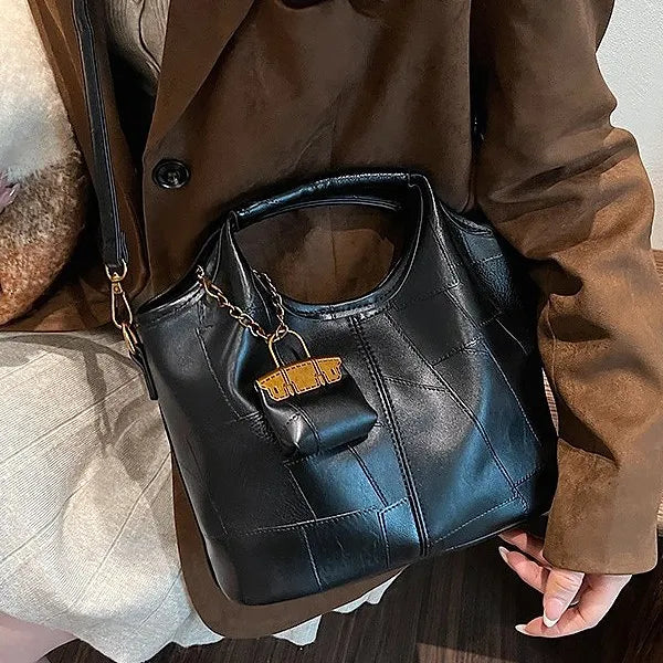 Grunge Charm Detail Double Handle PU Leather Crossbody Bag