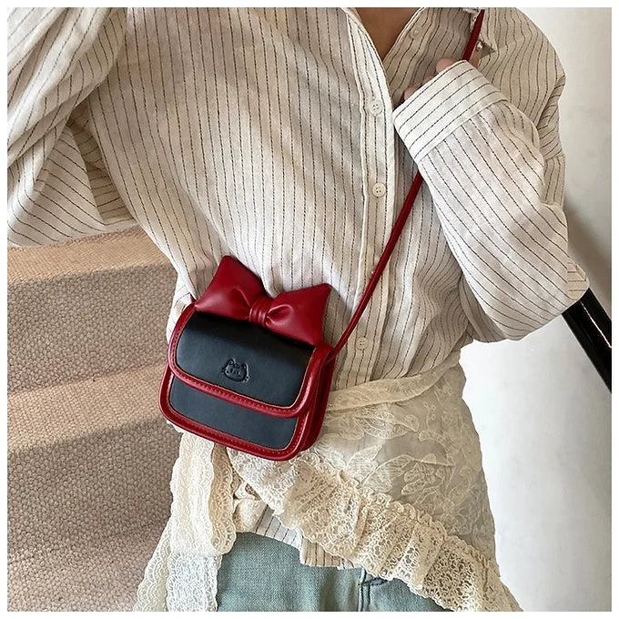 Bow-Tie Cat Emblem Leather Crossbody Bag