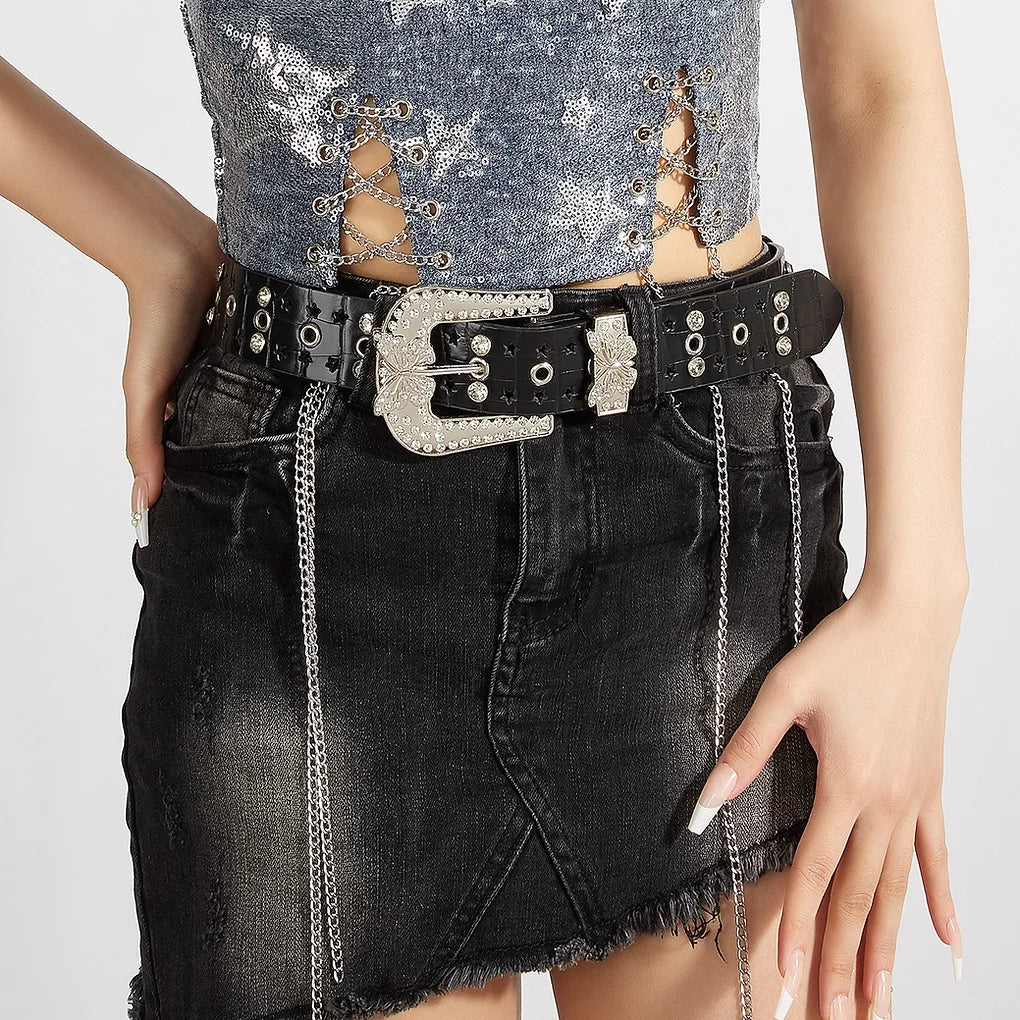 Western Butterfly Buckle Chain Rhinestone PU Leather Waist Belt