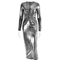 Deep V-Neck Metallic Pleated  Bodycon Maxi Dress