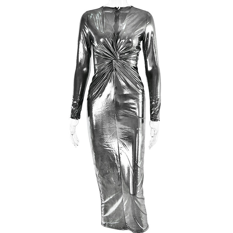 Deep V-Neck Metallic Pleated  Bodycon Maxi Dress