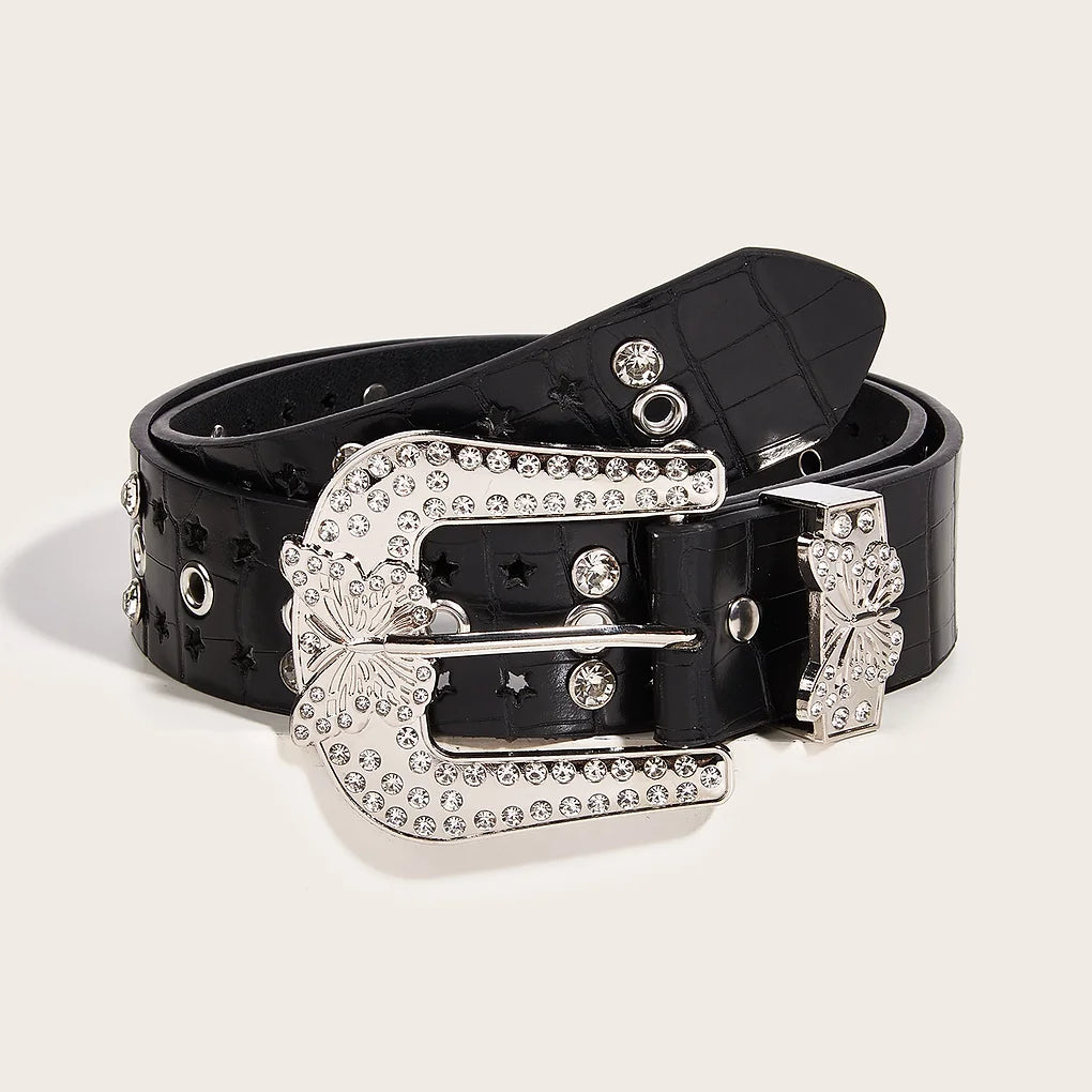 Western Butterfly Buckle Chain Rhinestone PU Leather Waist Belt