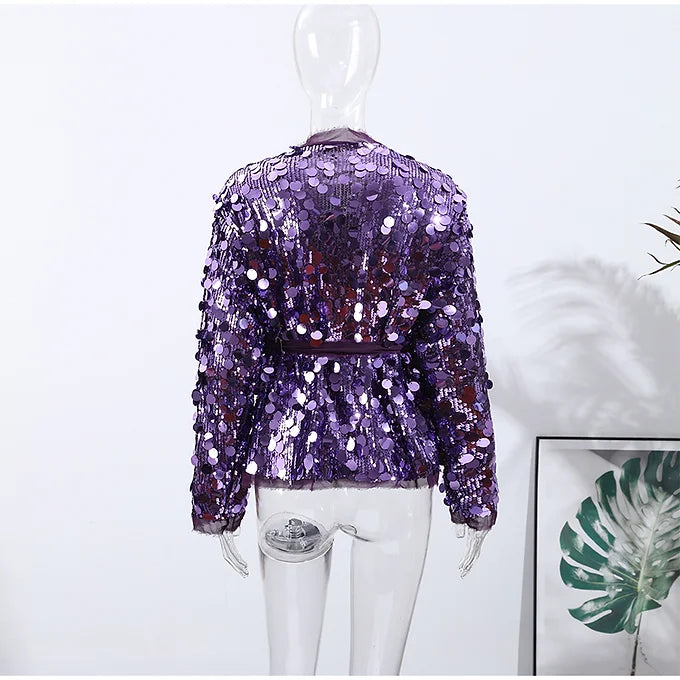 Glitter Sequin Loose Lace-Up Jacket