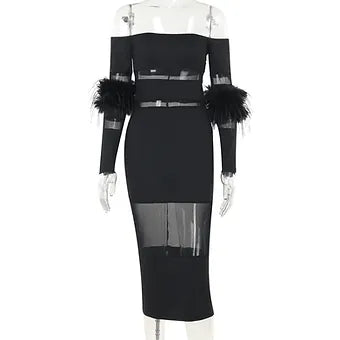 Feather Deconstructed Off-Shoulder Maxi Dress